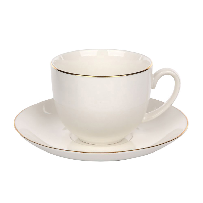 Bella Złota Linia Filiżanka 270 ml ze Spodkiem 15 cm Porcelana Kremowa Opaska New EAN: 5904252363621