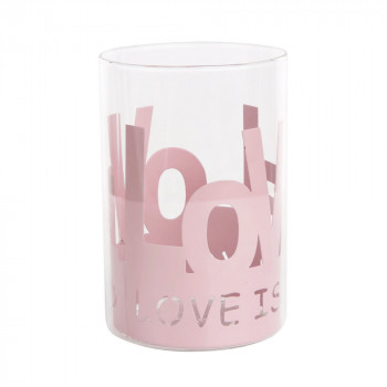 ŚWIECZNIK SZKLANY W RÓŻOWEJ METALOWEJ OSŁONCE 10X10X15 CM -LOVE  N/N BZ