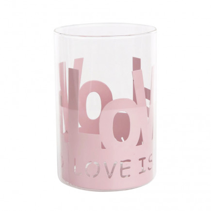ŚWIECZNIK SZKLANY W RÓŻOWEJ METALOWEJ OSŁONCE 10X10X15 CM -LOVE  N/N BZ