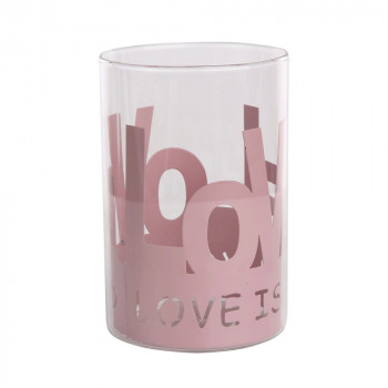 ŚWIECZNIK SZKLANY W RÓŻOWEJ METALOWEJ OSŁONCE 10X10X15 CM -LOVE  N/N BZ