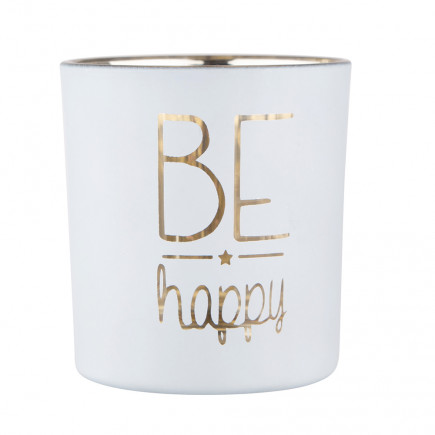 ŚWIECZNIK SZKLANY BIAŁY ZE ZŁOTYM WNĘTRZEM 7X8 CM DEK. BE HAPPY