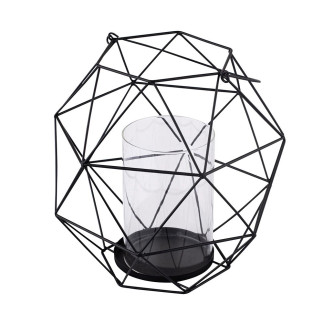 Świecznik metalowy geometryczny czarny 22 cm z wkładem szklanym