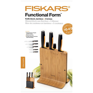 Zestaw noży kuchennych w bambusowym bloku Fiskars Functional Form (5 noży kuchennych) (1057552)