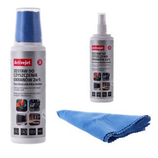 Activejet aoc-269 zestaw do czyszczenia ekranów 2w1 250 ml/20x20 cm, płyn czyszczący do ekranów, plastiku i ściereczka czyszcząc