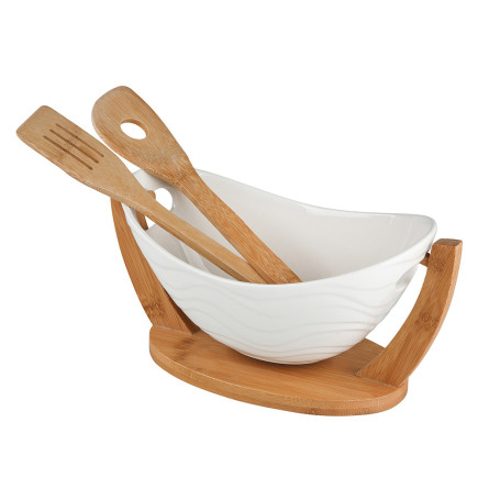 Owalna salaterka bambusowa z podstawą i łyżkami 32x15x16 cm NBC EAN: 5904252368497