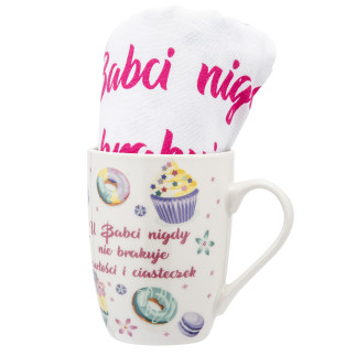 Babcine słodkości zestaw prezentowy kubek porcelanowy 320 ml i ściereczka kuchenna 45x60 cm 100% baw