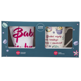 Babcine słodkości zestaw prezentowy kubek porcelanowy 320 ml i ściereczka kuchenna 45x60 cm 100% baw