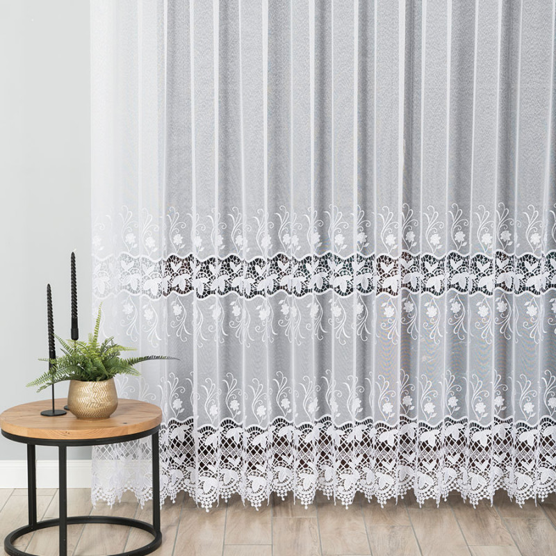 Firanka z aplikacją, wzór pasowy 250cm, kolor biały 001, EAN: 5907693262744
