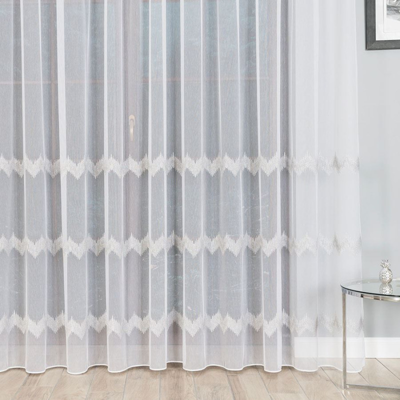 Firanka haftowana pasowa z ołowianką 280cm biała szaro-srebrna EAN: 5907693228344