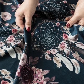 Kwiatowy łapacz snów tkanina dekoracyjna velvet, 150cm, kolor 001 granatowy