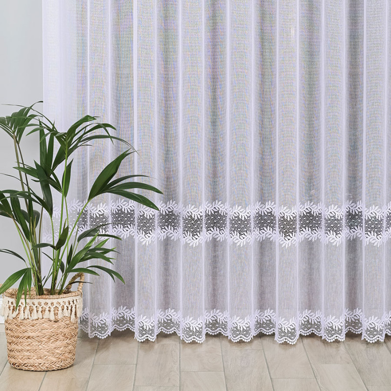 Firanka z aplikacją ze wzorem pasowym, wysokość 280cm, kolor 001 biały
