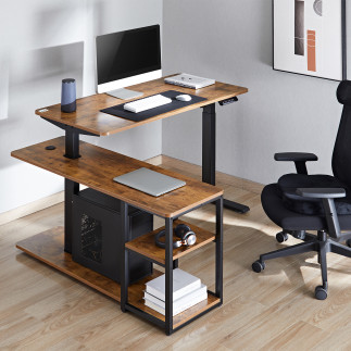 Biurko podnoszone elektrycznie ergo office, max wys. 121cm, max - 70 kg, z blatem i półkami, do pracy stojąco siedzącej, brąz ru