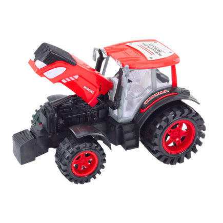 Duży traktor rolniczy z przyczepą i balami siana napęd czerwony