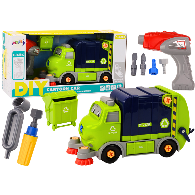 Śmieciarka kreskówkowa do skręcania ruchoma diy granatowy