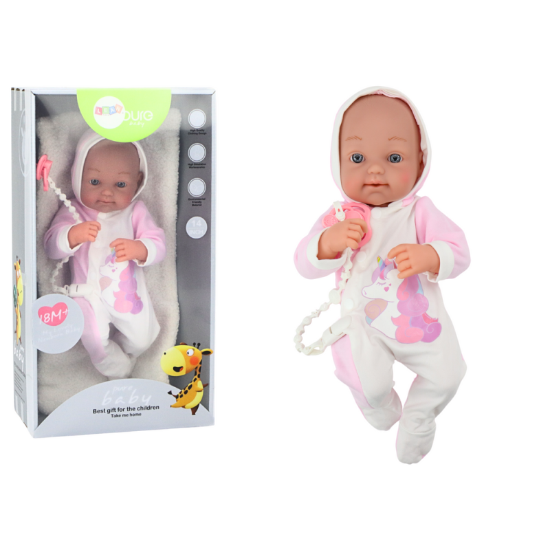 Lalka bobas ze smoczkiem body jednorożec różowy kocyk akcesoria 35 cm