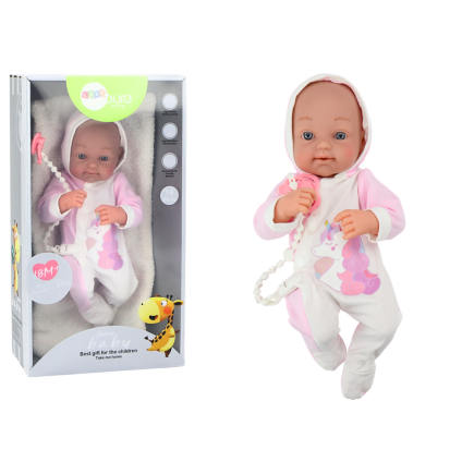 Lalka bobas ze smoczkiem body jednorożec różowy kocyk akcesoria 35 cm