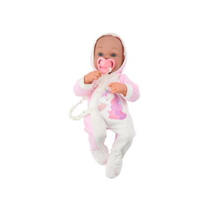 Lalka bobas ze smoczkiem body jednorożec różowy kocyk akcesoria 35 cm
