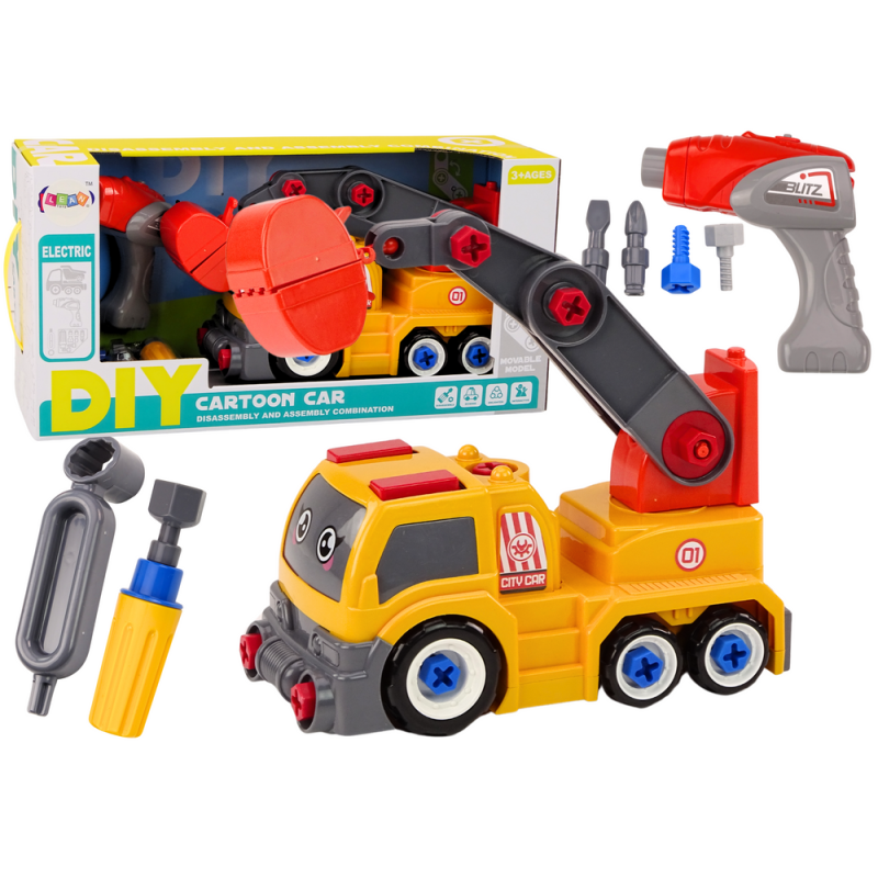 Ciężarówka z dźwigiem kreskówkowa do rozkręcania DIY pomarańczowa EAN: 5905991018889 Ciężarówka z dźwigiem kreskówkowa do rozkręcania DIY pomarańczowa EAN: 5905991018889