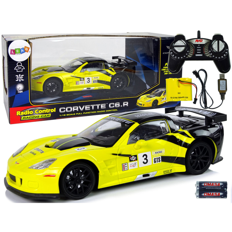 Auto sportowe wyścigowe r/c 1:18 corvette c6.r żółty 2.4 g światła