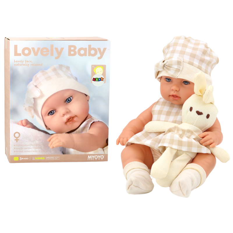 Lalka bobas w nosidełku króliczek ubranko w kratę beżowy EAN: 5905991009344