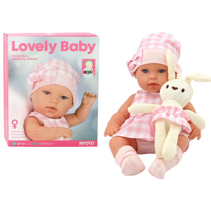 Lalka bobas w nosidełku króliczek ubranko w kratę różowy EAN: 5905991009337