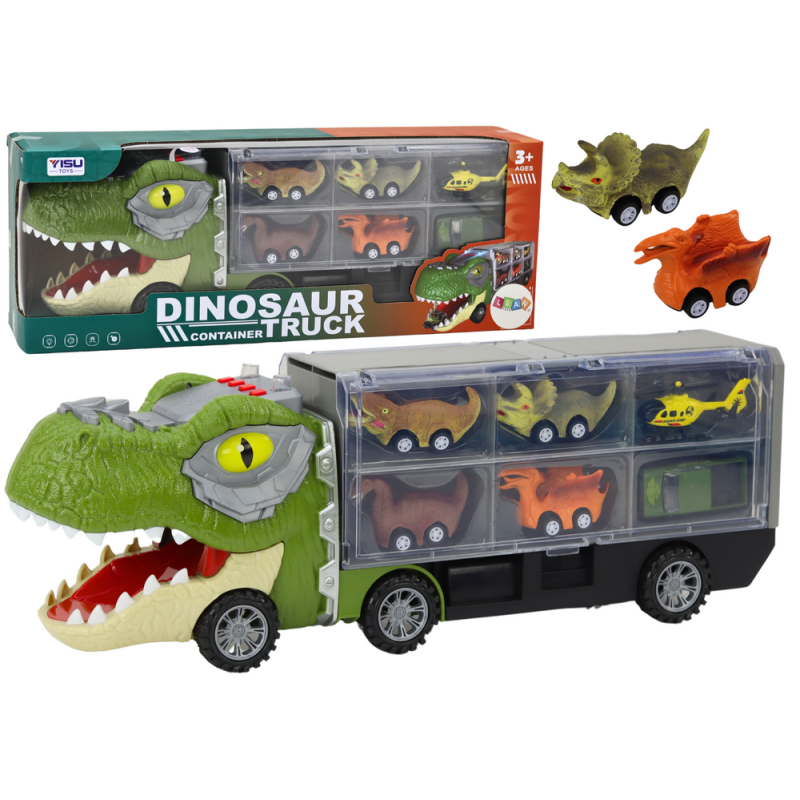 Ciężarówka dinozaur transport resoraków 6szt światła dźwięki zielony