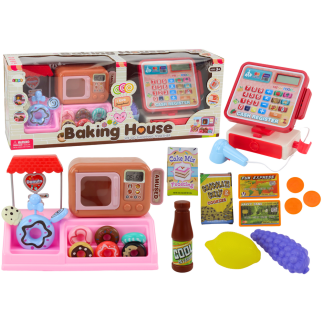 Zestaw sklep z pączkami cukiernia kasa fiskalna mikrofala