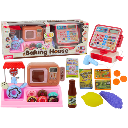 Zestaw sklep z pączkami cukiernia kasa fiskalna mikrofala