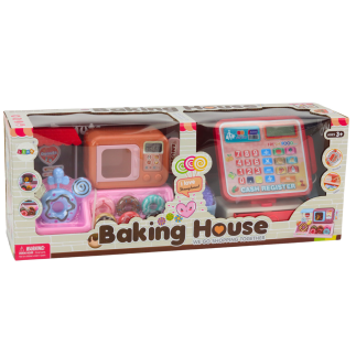 Zestaw sklep z pączkami cukiernia kasa fiskalna mikrofala