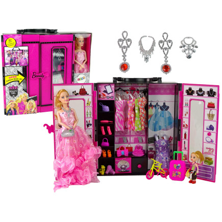 Lalka z garderobą sukienki dodatki dla lalek szafa na ubranka walizka