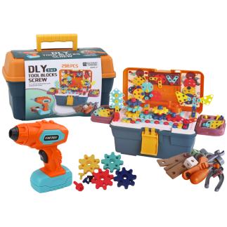 Klocki puzzle konstrukcyjne 3d w skrzynce diy rozkręcanie wiertarka