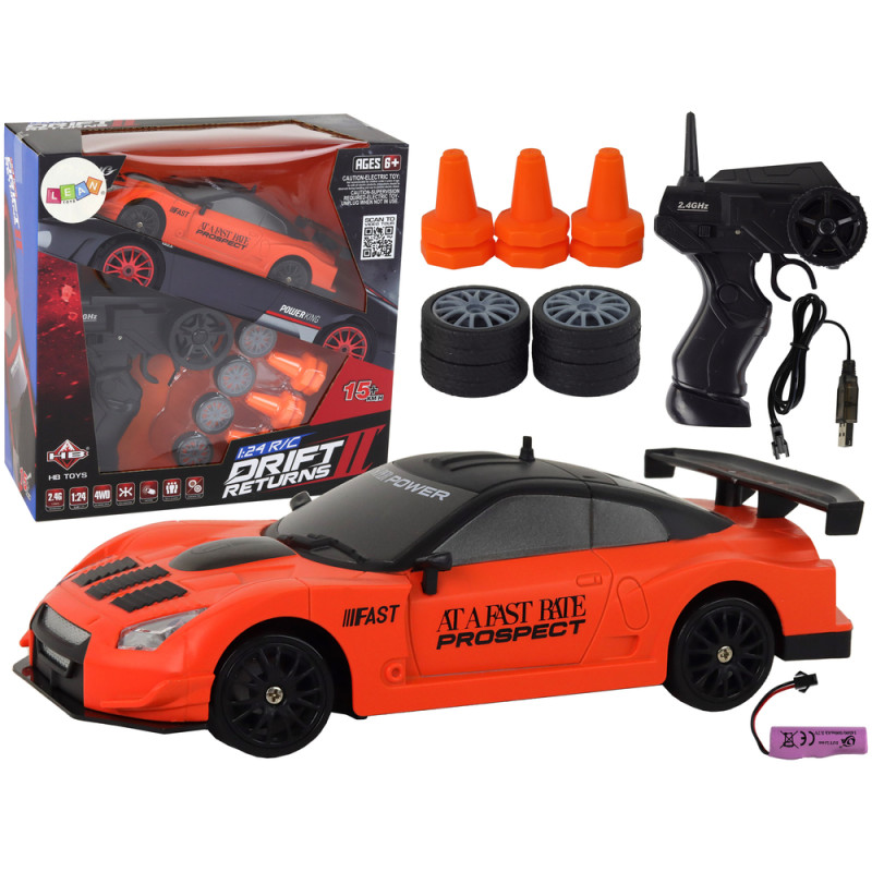 Autko sportowe zdalnie sterowane r/c 1:24 pomarańczowe wymienne koła