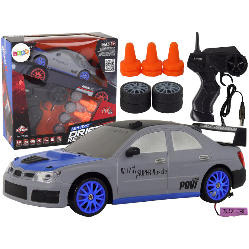 Autko sportowe zdalnie sterowane r/c 1:24 szare wymienne koła