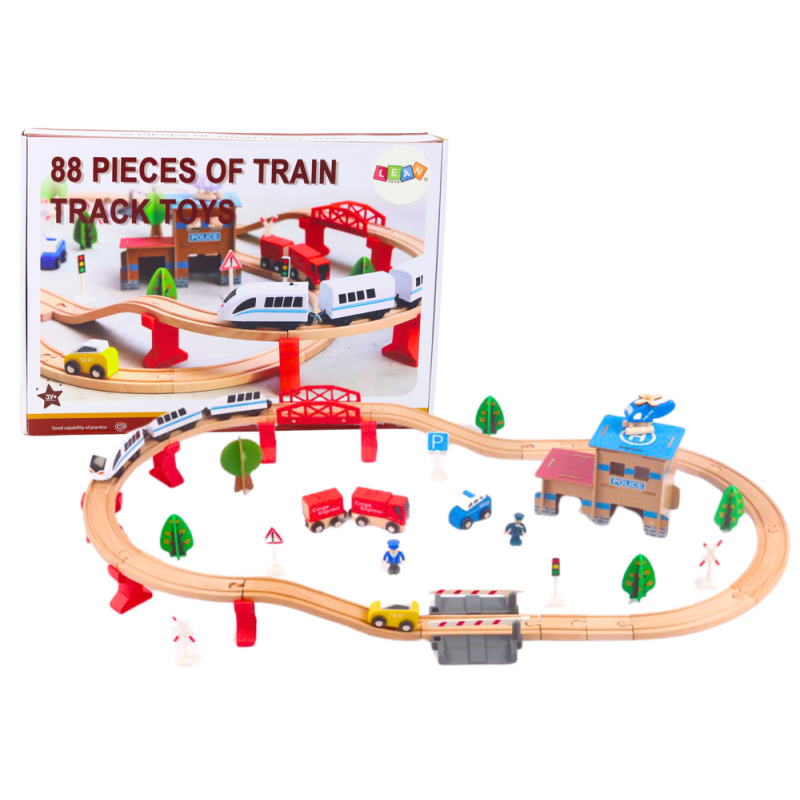 Zestaw Pociąg i Tory Kolejka Drewniana z Budynkami, 88 elementów - EAN: 5905991023043 Zestaw Pociąg i Tory Kolejka Drewniana z Budynkami, 88 elementów - EAN: 5905991023043