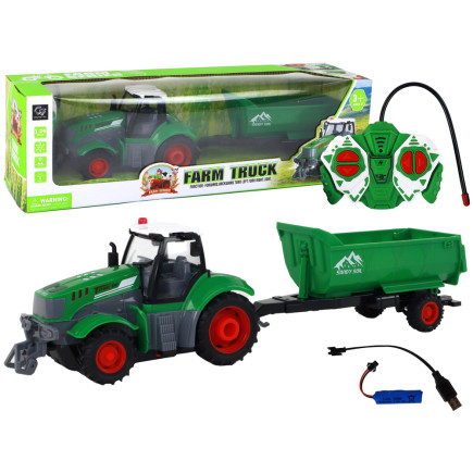 Zdalnie sterowany ciągnik traktor r/c z przyczepą 1:24 światła zielony