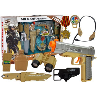 Zestaw wojskowy z akcesoriami pistolet nóż lornetka słuchawki gwizdek krótkofalówka jasnozielony