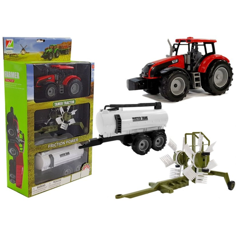 Czerwony Traktor z Przyczepką, Zgrabiarką i Cysterną - EAN: 5905323219304