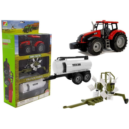 Traktor z przyczepką, zgrabiarką i cysterną czerwony