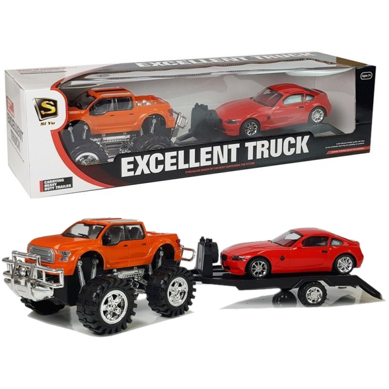 Zestaw Pojazdów: Pomarańczowy Monster Truck i Czerwone BMW na Lawetę 58 cm - EAN: 5907625589482