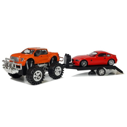 Zestaw Pojazdów: Pomarańczowy Monster Truck i Czerwone BMW na Lawetę 58 cm - EAN: 5907625589482