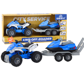 Quad z przyczepą do przewozu łodzi oraz skuterem wodnym