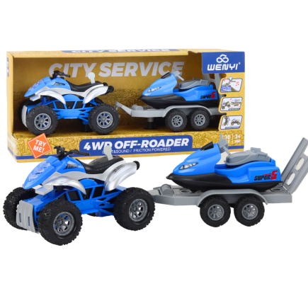 Quad z przyczepą do przewozu łodzi oraz skuterem wodnym