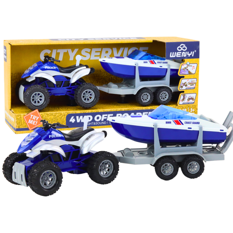 Quad policyjny z przyczepą do przewozu łodzi oraz motorówką