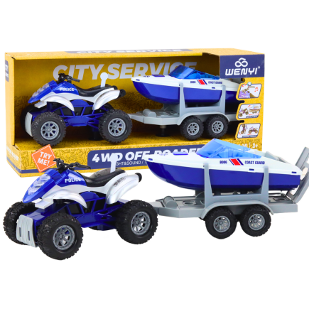 Quad policyjny z przyczepą do przewozu łodzi oraz motorówką