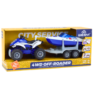 Quad policyjny z przyczepą do przewozu łodzi oraz motorówką