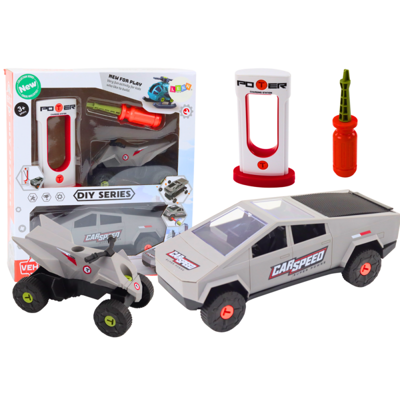 Zestaw nowoczesne auto z quadem do rozkręcania diy siwy