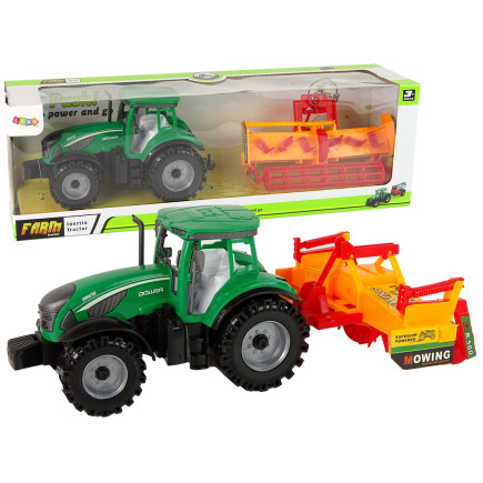 Zielony traktor z pomarańczowym kultywatorem napęd dla dzieci
