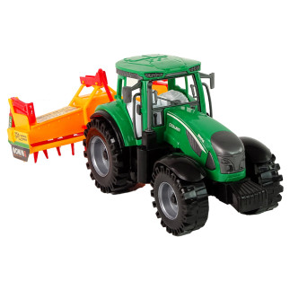 Zielony traktor z pomarańczowym kultywatorem napęd dla dzieci