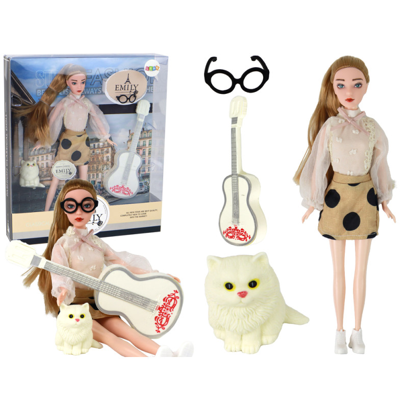 Lalka dla dzieci Emily z gitarą i kotkiem, długie blond włosy, okulary - EAN: 5905515359948 Lalka dla dzieci Emily z gitarą i kotkiem, długie blond włosy, okulary - EAN: 5905515359948