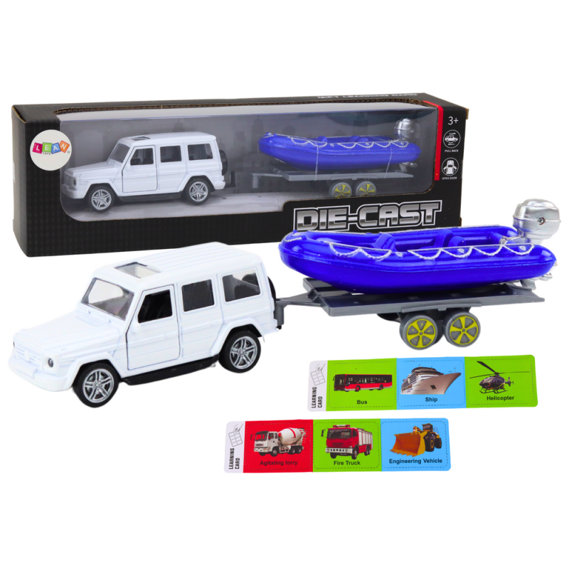 Auto terenowe z przyczepą i motorówką metalowe biało-niebieskie EAN: 5905991019541 Auto terenowe z przyczepą i motorówką metalowe biało-niebieskie EAN: 5905991019541